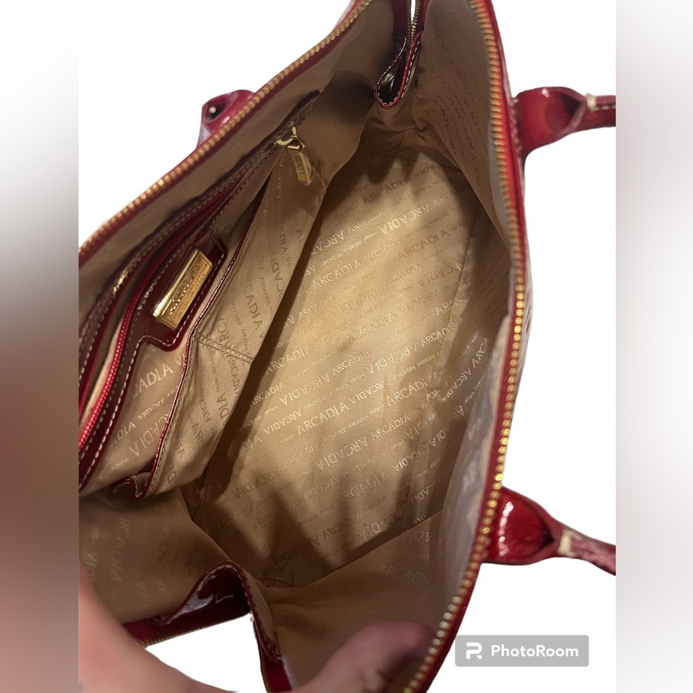Arcadia Genuine Patent Leather Embossed Logo Satchel Handbag Made In Italy - Picture 7 of 9